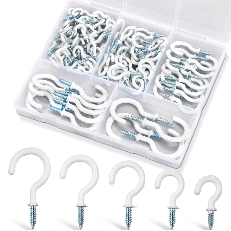 Pylevemv 110Pcs Premium Screw Hooks  5 Sizes White Vinyl Coated Cup Hook  from1/2 in Small Hooks to 1-1/2 in Ceiling Hooks Heavy Duty  Screw in Hooks for Hanging Plants  String Lights - Image 1